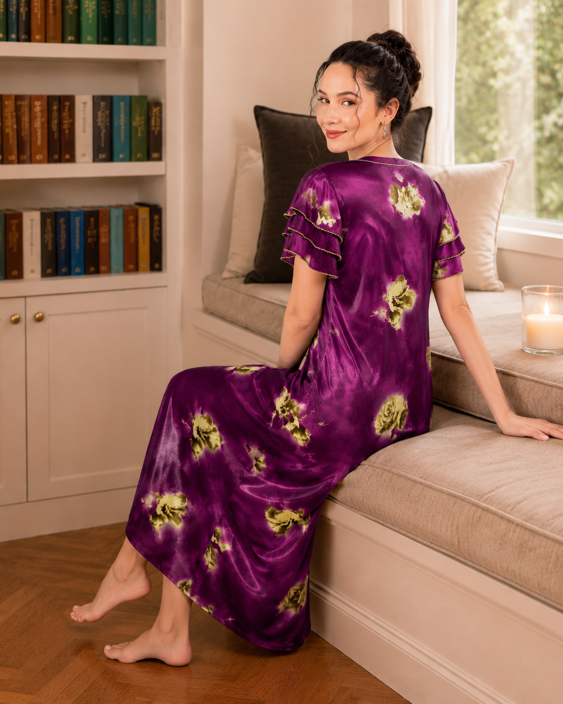 Belavastra Premium Glossy Satin Nighty - Violet Purple & Ruffle Sleeve Rose Maxi