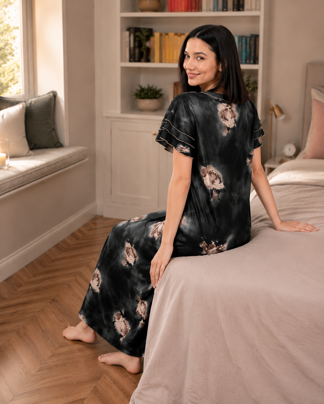 Belavastra Premium Glossy Satin Nighty - Midnight Black & Ruffle Sleeve Rose Maxi
