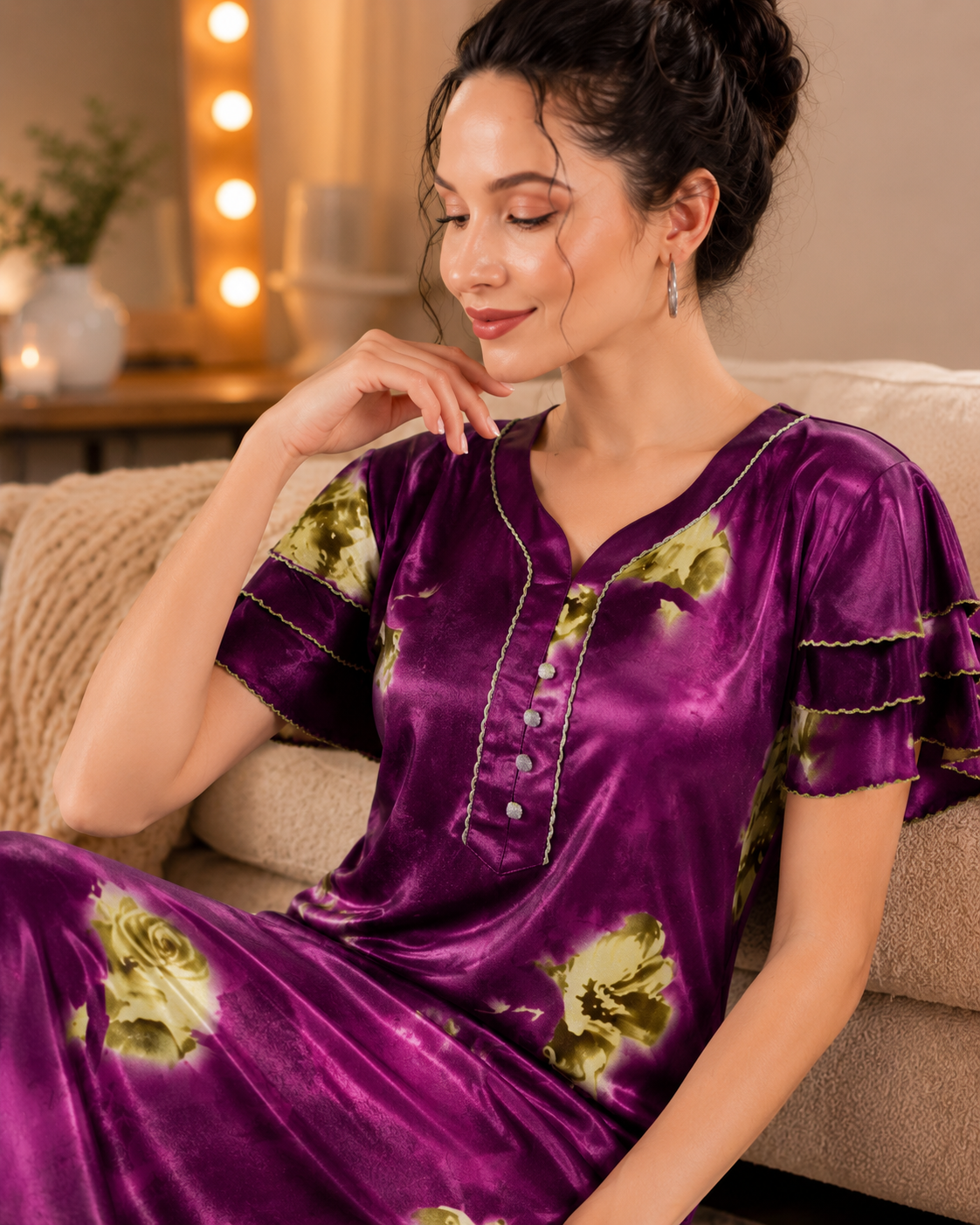 Belavastra Premium Glossy Satin Nighty - Violet Purple & Ruffle Sleeve Rose Maxi