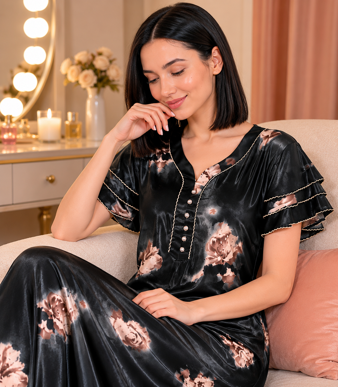 Belavastra Premium Glossy Satin Nighty - Midnight Black & Ruffle Sleeve Rose Maxi
