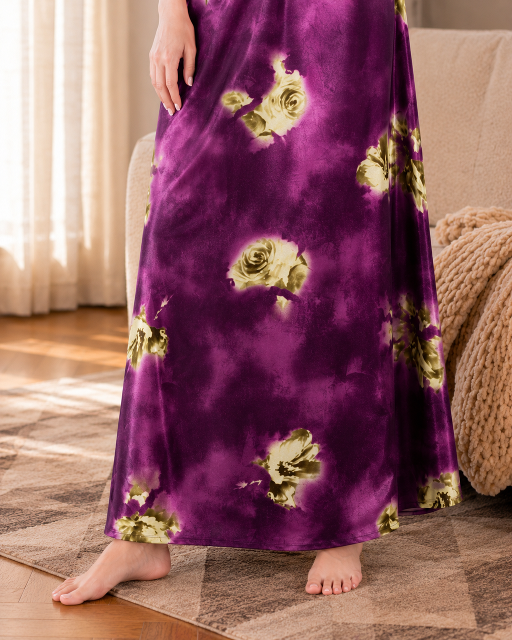 Belavastra Premium Glossy Satin Nighty - Violet Purple & Ruffle Sleeve Rose Maxi