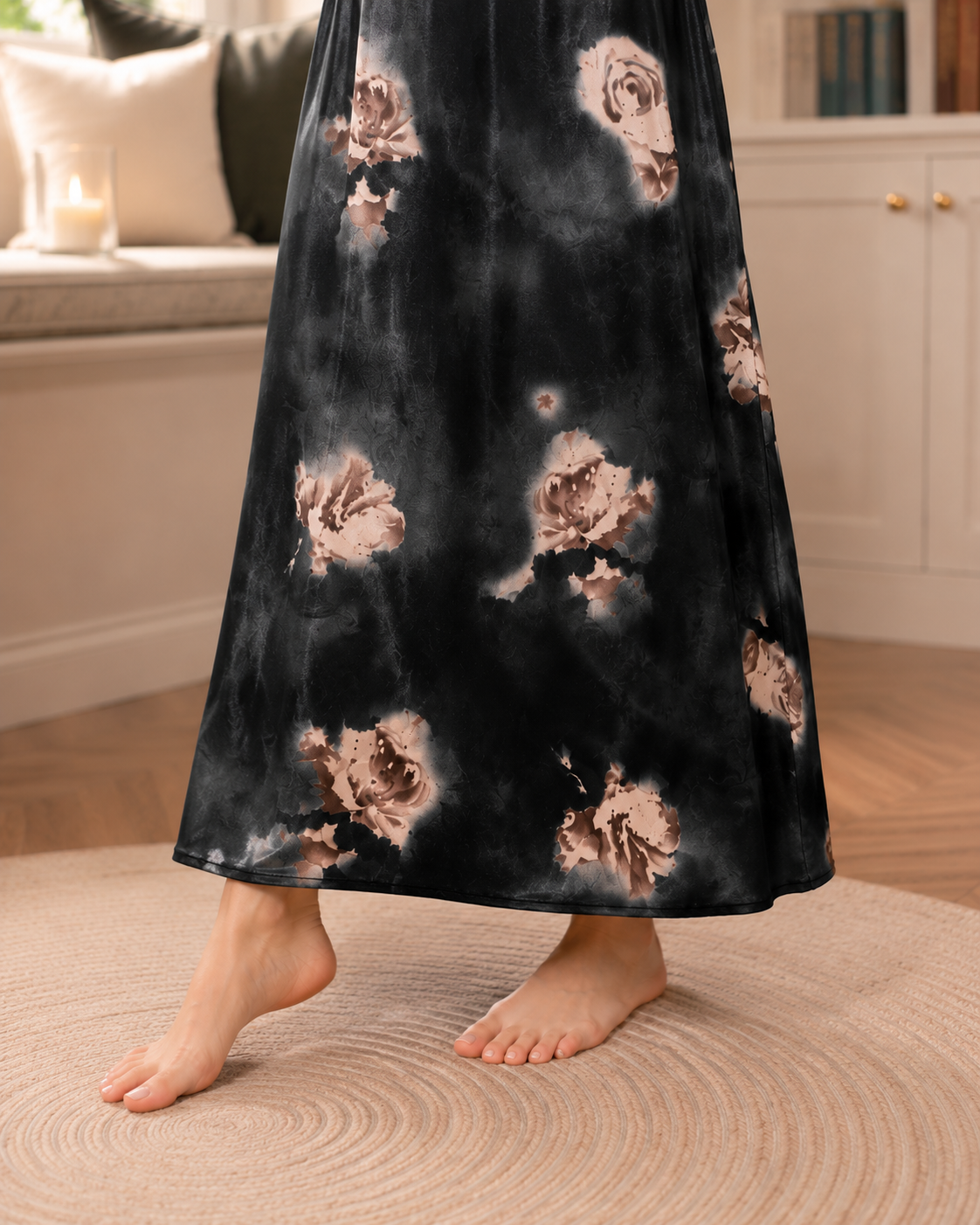 Belavastra Premium Glossy Satin Nighty - Midnight Black & Ruffle Sleeve Rose Maxi