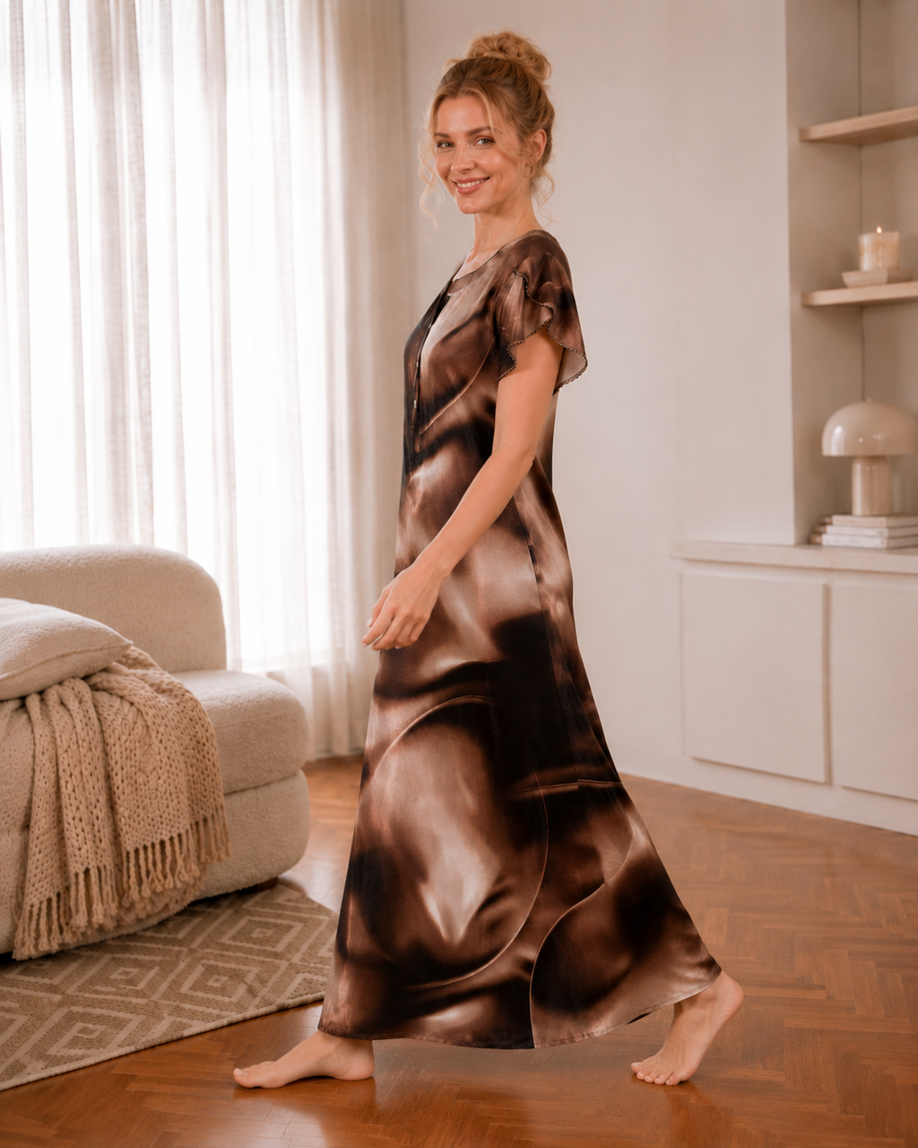 Belavastra Premium Glossy Satin Nighty - Coffee Brown & Liquid Bronze Abstract Maxi