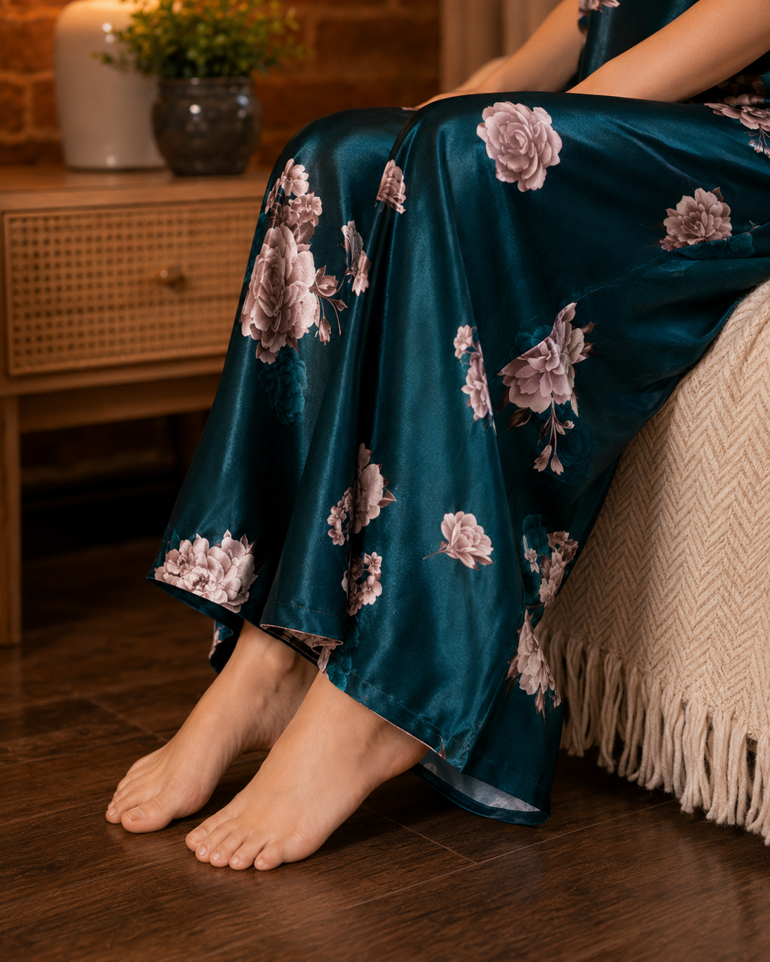 Belavastra Premium Glossy Satin Nighty - Peacock Teal Rose Maxi with Pocket