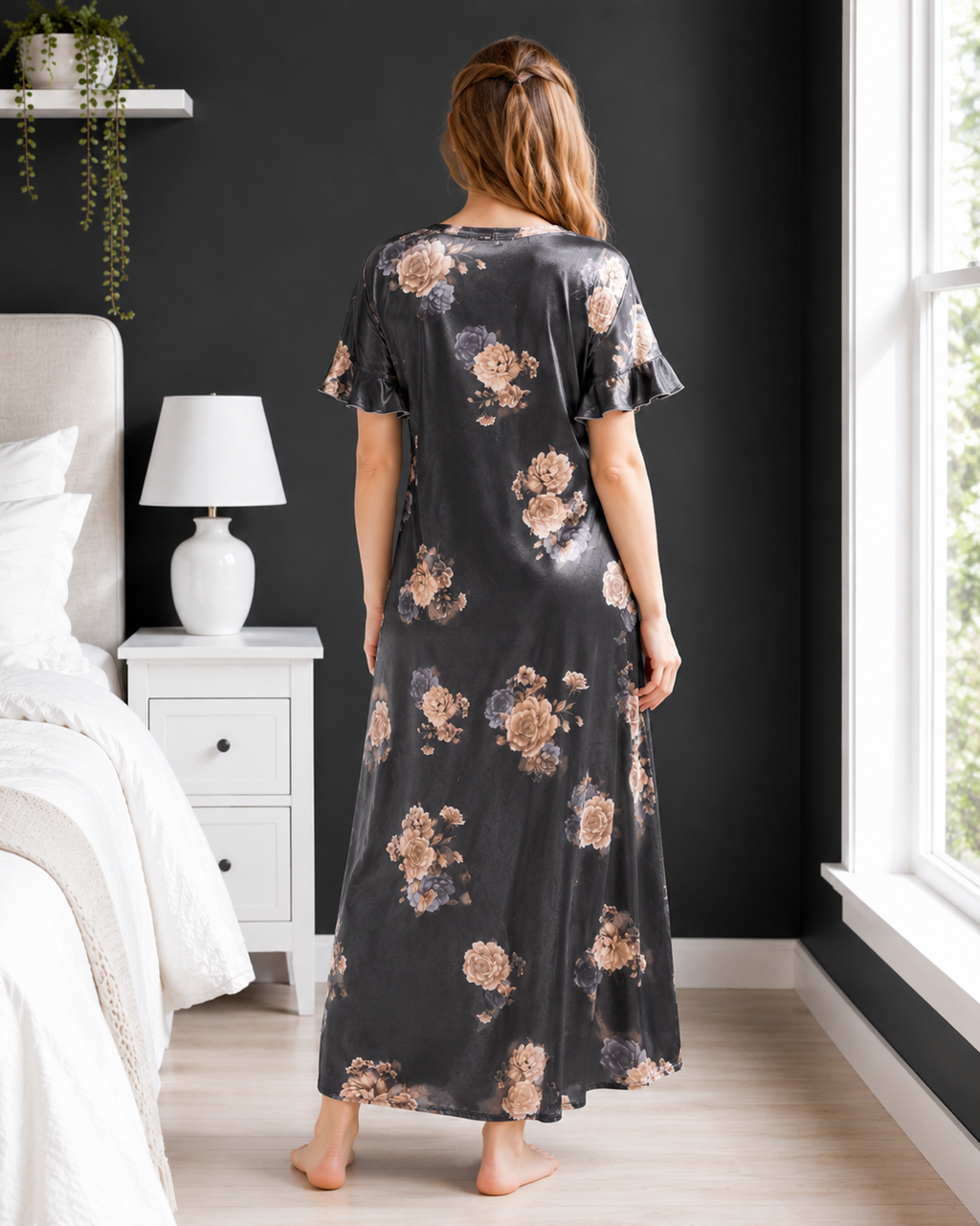 Belavastra Premium Glossy Satin Nighty - Midnight Black Rose Maxi with Pocket