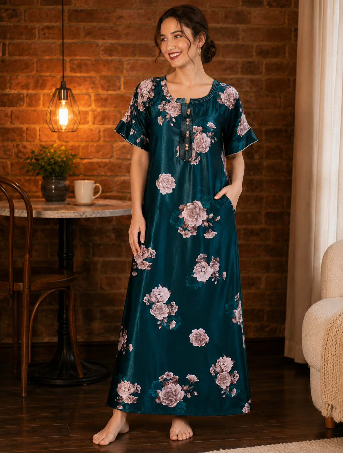 Belavastra Premium Glossy Satin Nighty - Peacock Teal Rose Maxi with Pocket