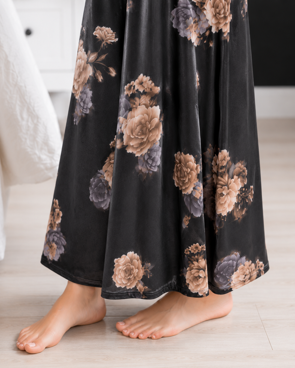 Belavastra Premium Glossy Satin Nighty - Midnight Black Rose Maxi with Pocket
