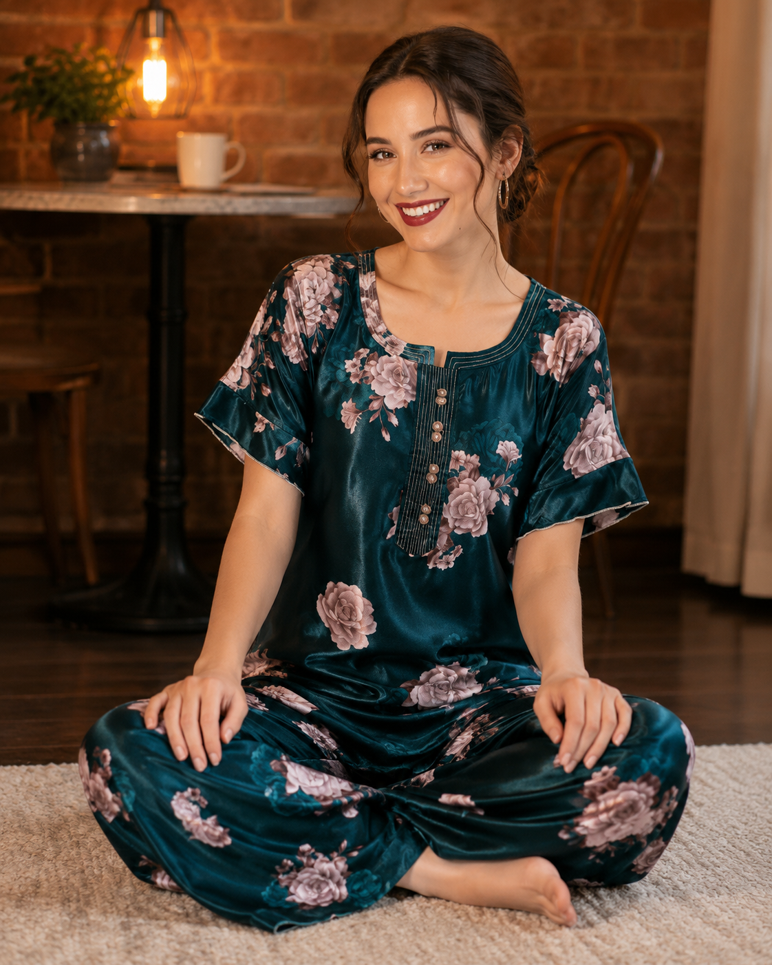 Belavastra Premium Glossy Satin Nighty - Peacock Teal Rose Maxi with Pocket