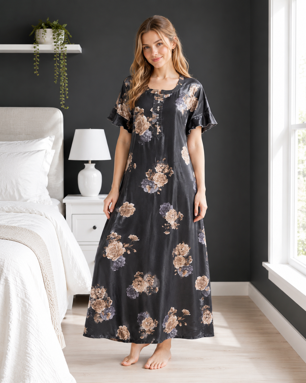 Belavastra Premium Glossy Satin Nighty - Midnight Black Rose Maxi with Pocket