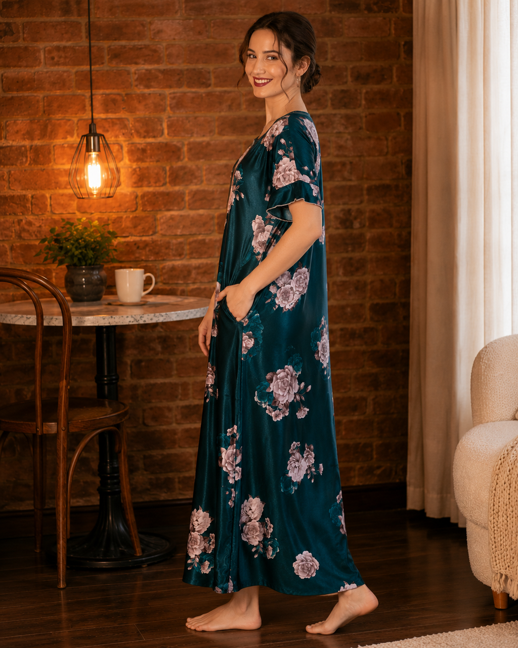 Belavastra Premium Glossy Satin Nighty - Peacock Teal Rose Maxi with Pocket