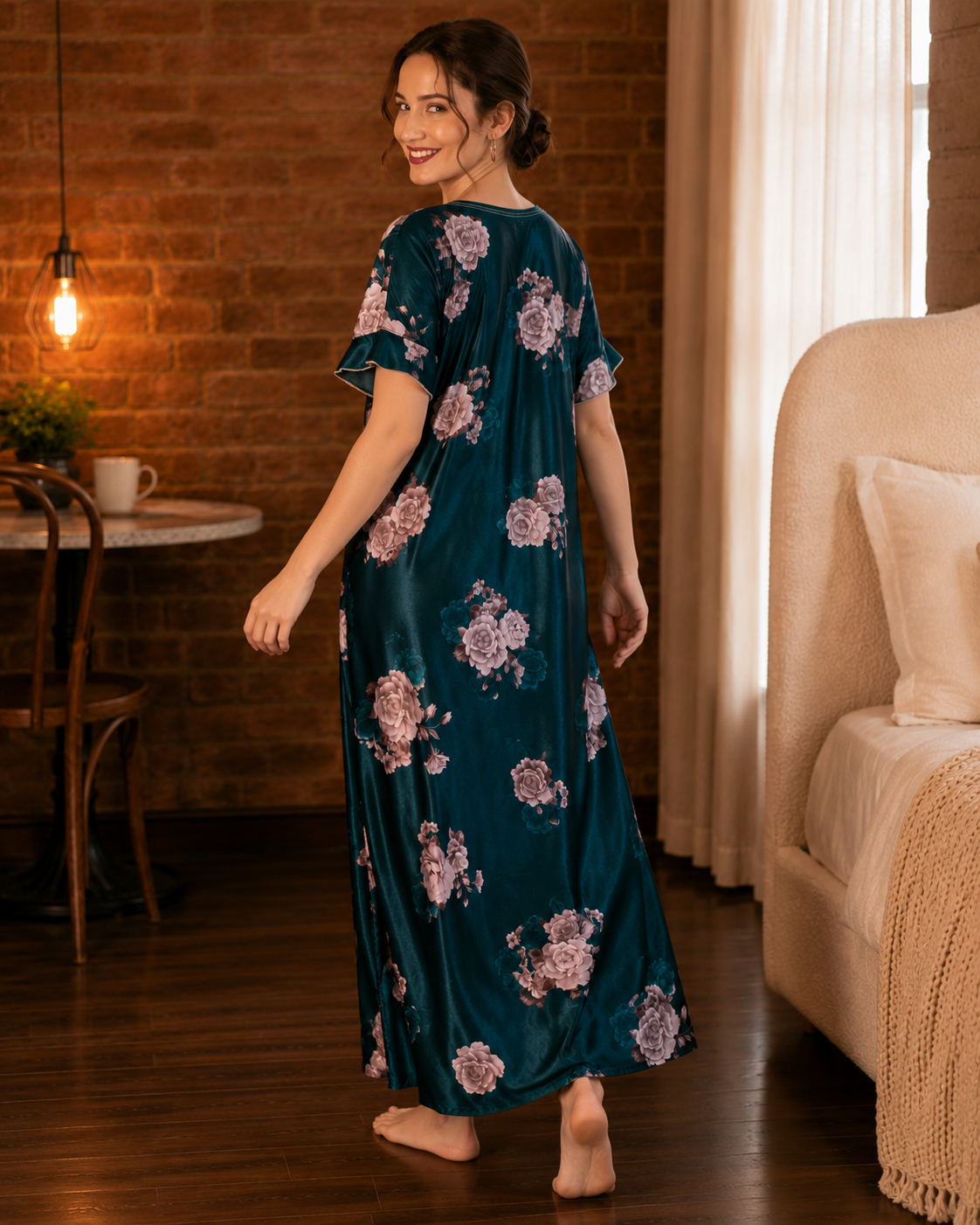 Belavastra Premium Glossy Satin Nighty - Peacock Teal Rose Maxi with Pocket