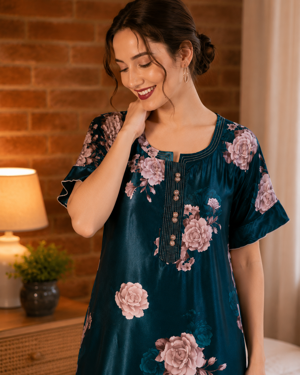 Belavastra Premium Glossy Satin Nighty - Peacock Teal Rose Maxi with Pocket