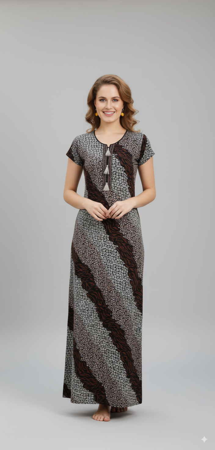 Mocha Brown & Ash Grey Hosiery Print Nighty For Women