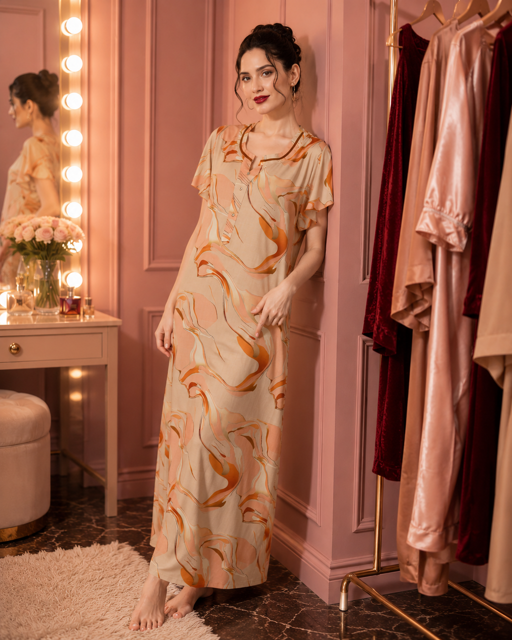Belavastra Peach Marble Rayon Nighty