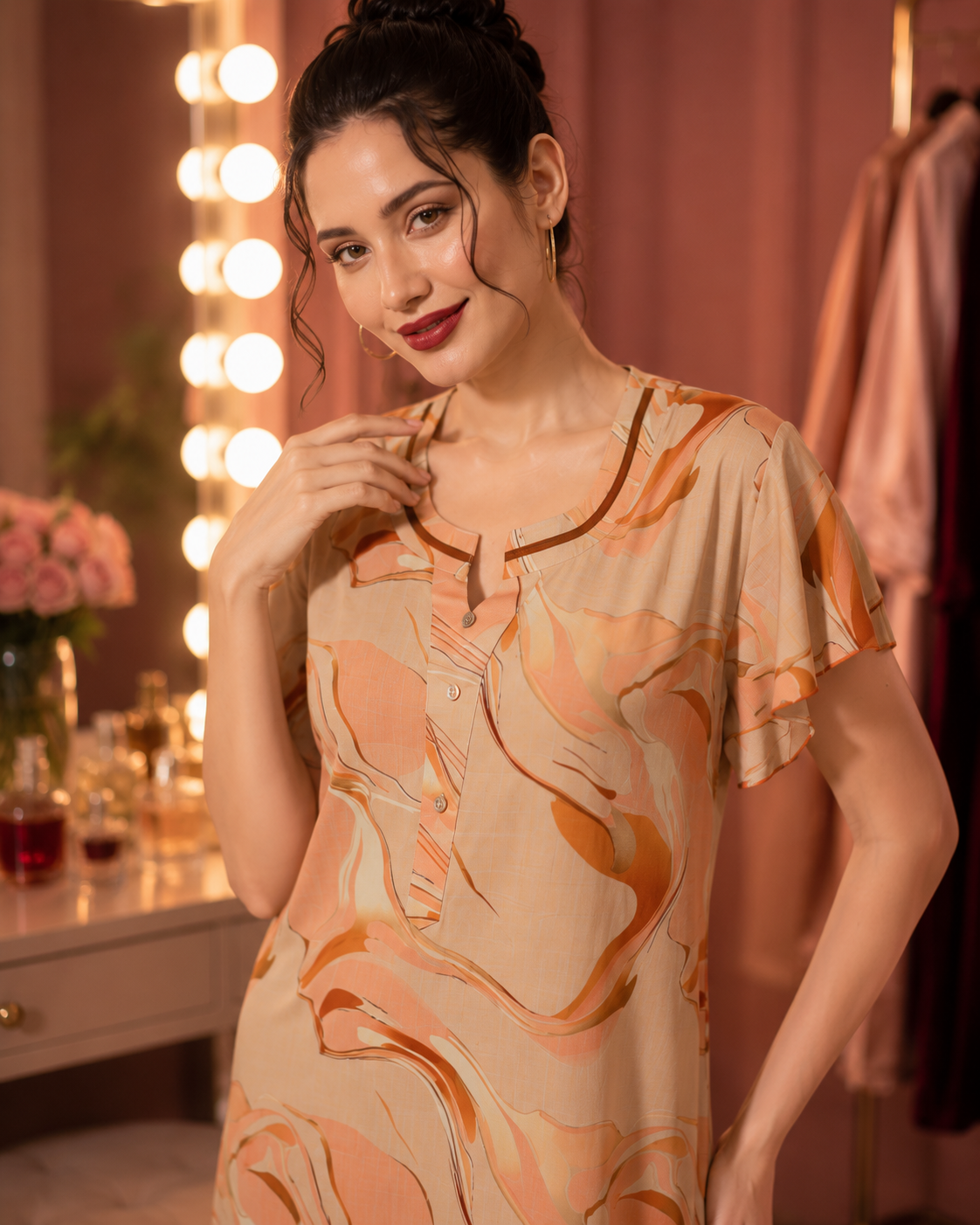 Belavastra Peach Marble Rayon Nighty