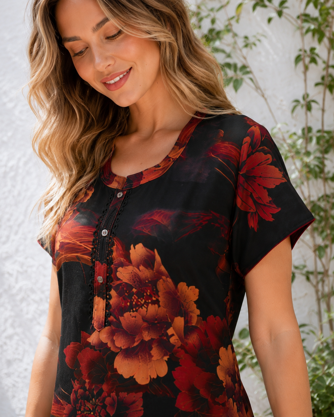 Belavastra Black Peony Floral Rayon Nighty