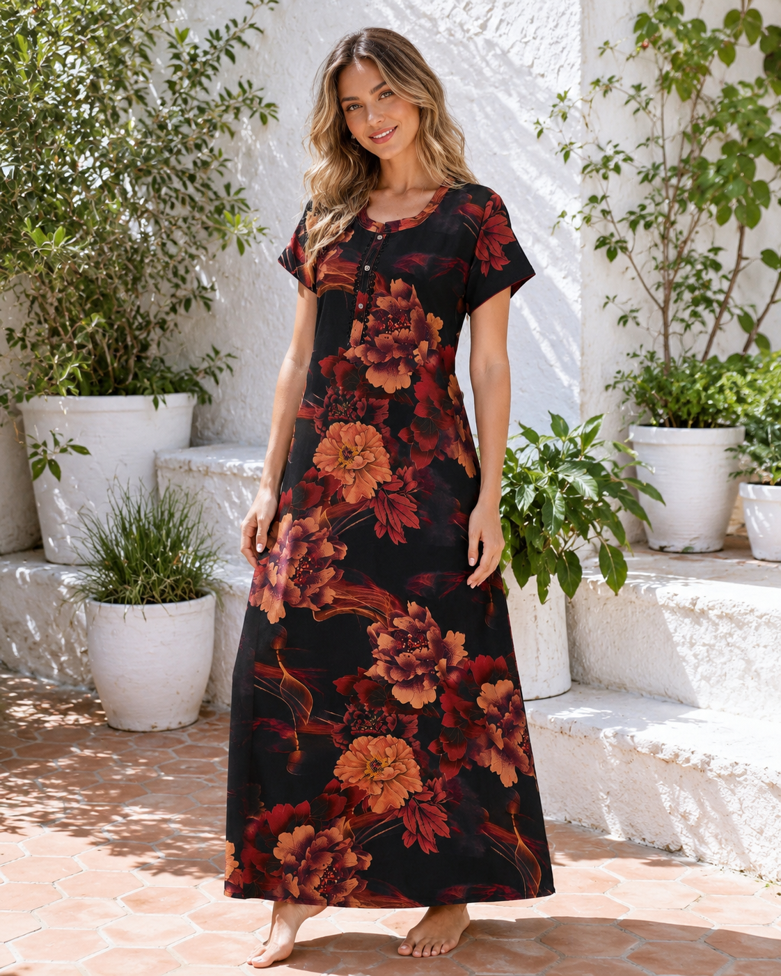 Belavastra Black Peony Floral Rayon Nighty