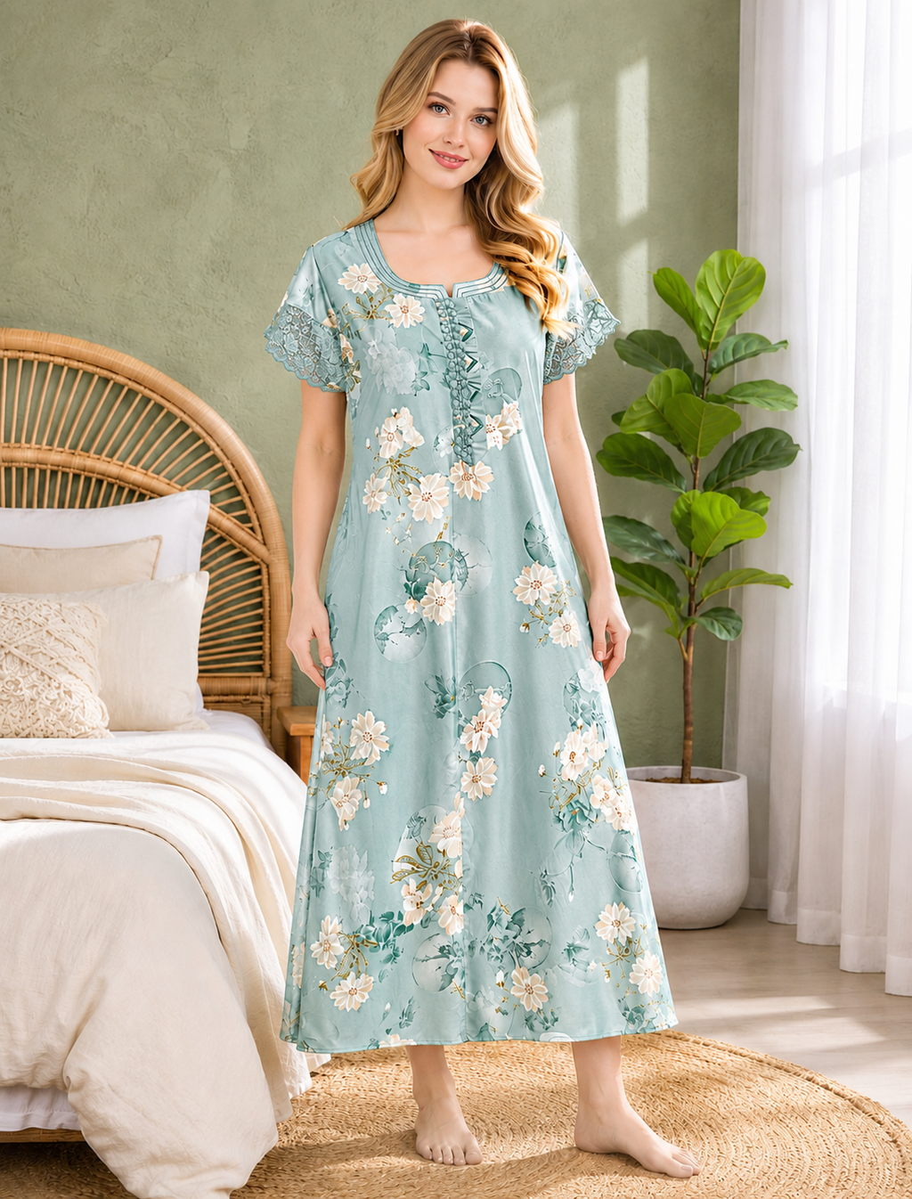 Belavastra Premium Mint Green Floral Nighty - Lace Sleeve & Pintuck Neck Maxi
