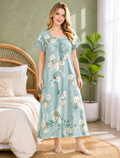 Belavastra Premium Mint Green Floral Nighty - Lace Sleeve & Pintuck Neck Maxi