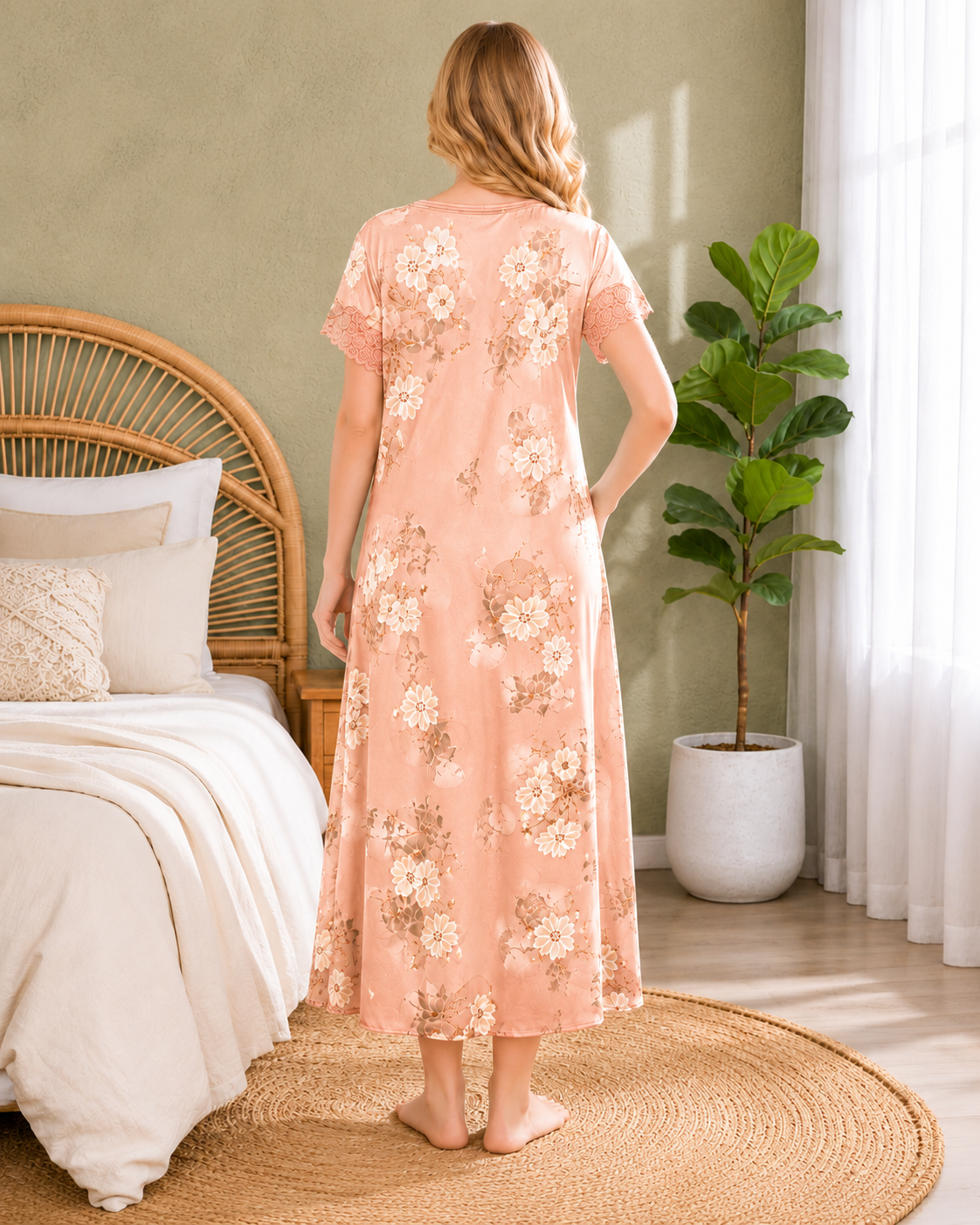 Belavastra Premium Peach Pink Floral Nighty - Lace Sleeve & Pintuck Neck Maxi