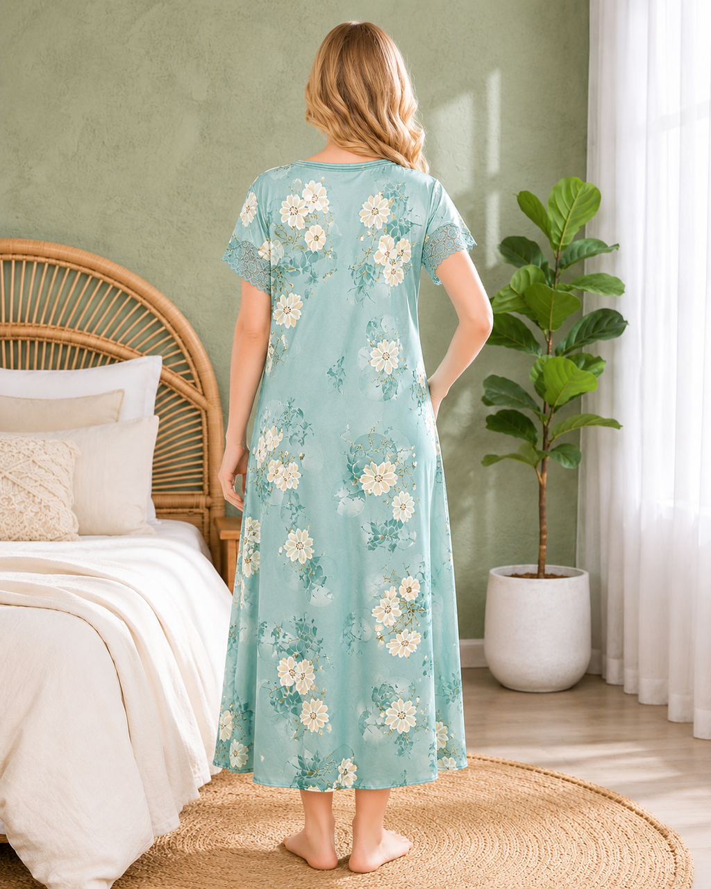 Belavastra Premium Mint Green Floral Nighty - Lace Sleeve & Pintuck Neck Maxi