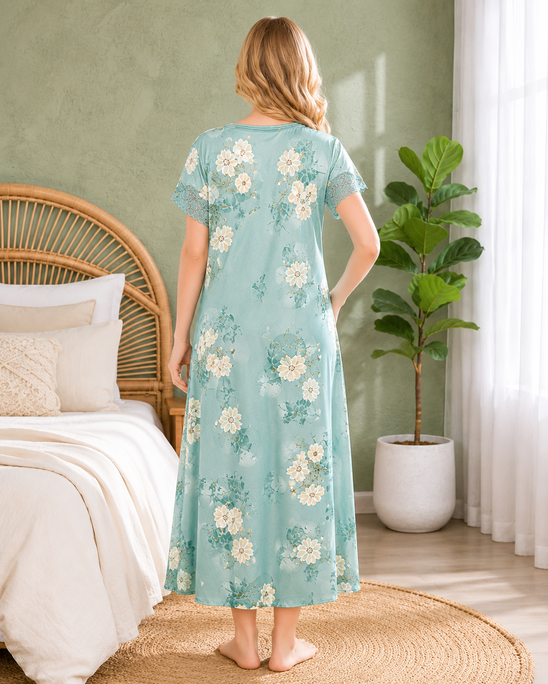 Belavastra Premium Mint Green Floral Nighty - Lace Sleeve & Pintuck Neck Maxi