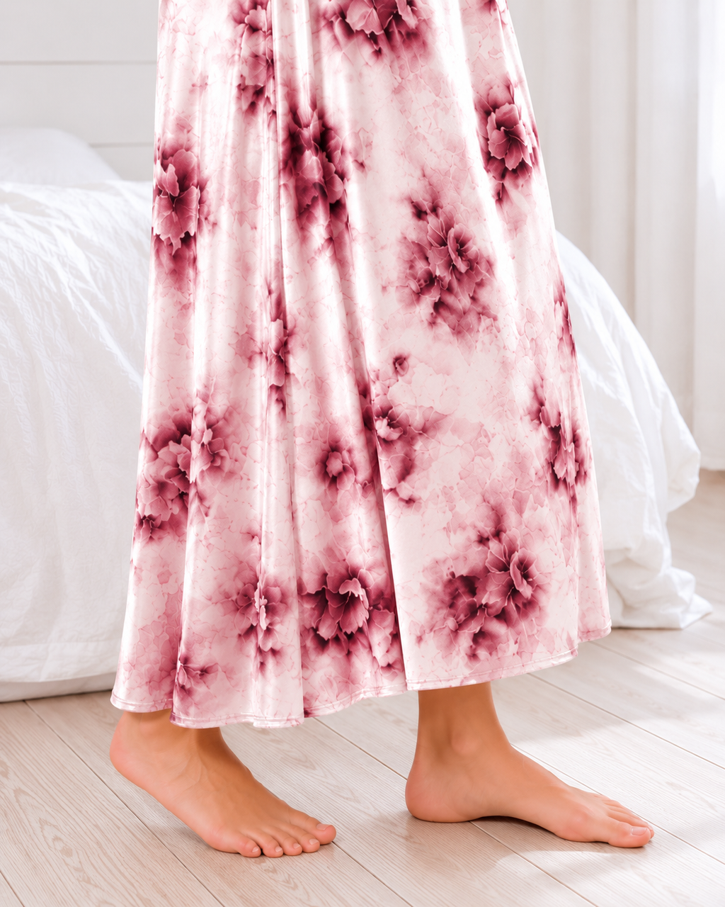 Belavastra Premium Glossy Satin Nighty - Blush Pink & Heavy Lace Ruffle Maxi