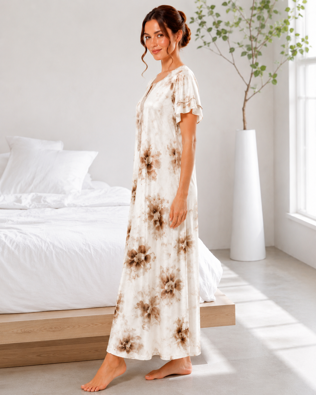 Belavastra Premium Glossy Satin Nighty - Ivory Cream & Mocha Lace Ruffle Maxi