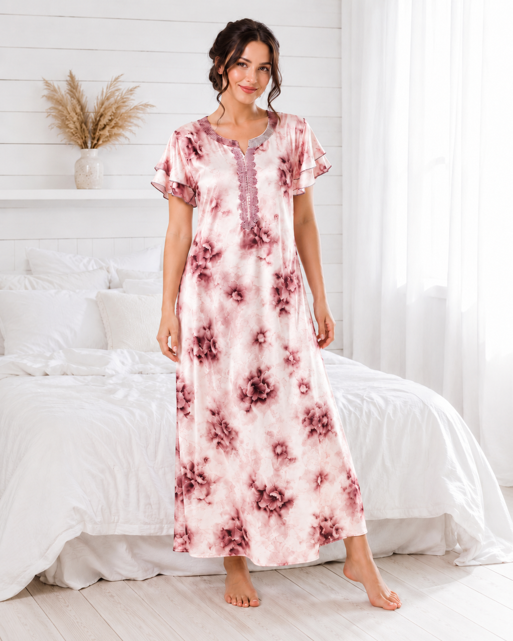 Belavastra Premium Glossy Satin Nighty - Blush Pink & Heavy Lace Ruffle Maxi