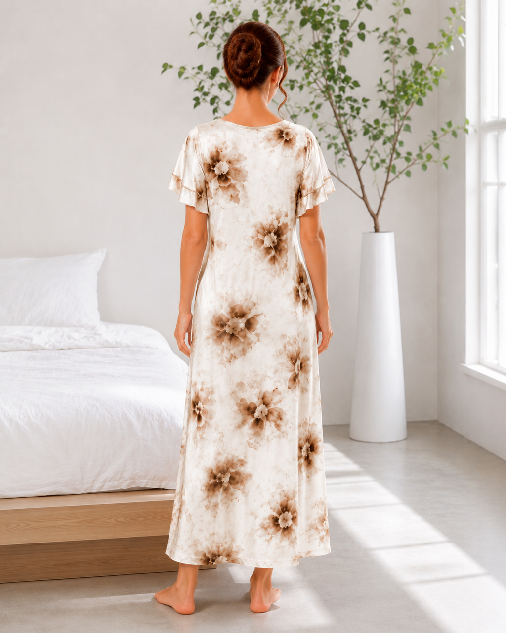 Belavastra Premium Glossy Satin Nighty - Ivory Cream & Mocha Lace Ruffle Maxi