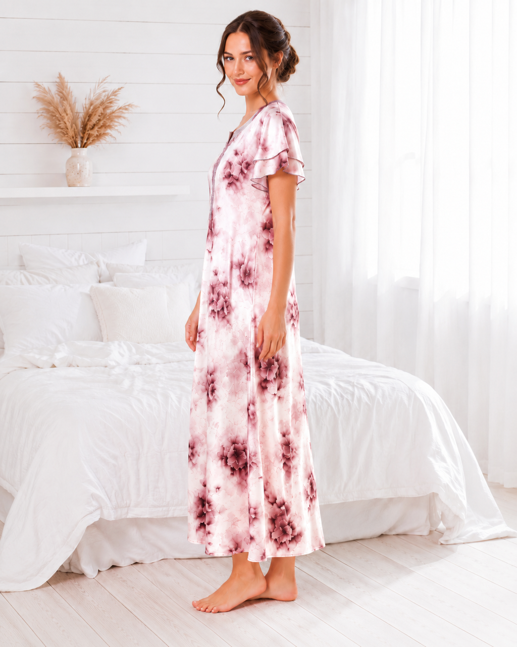 Belavastra Premium Glossy Satin Nighty - Blush Pink & Heavy Lace Ruffle Maxi