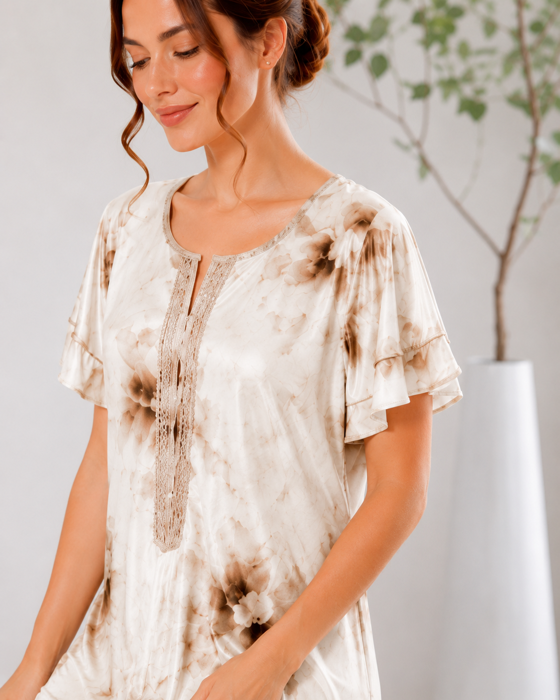 Belavastra Premium Glossy Satin Nighty - Ivory Cream & Mocha Lace Ruffle Maxi