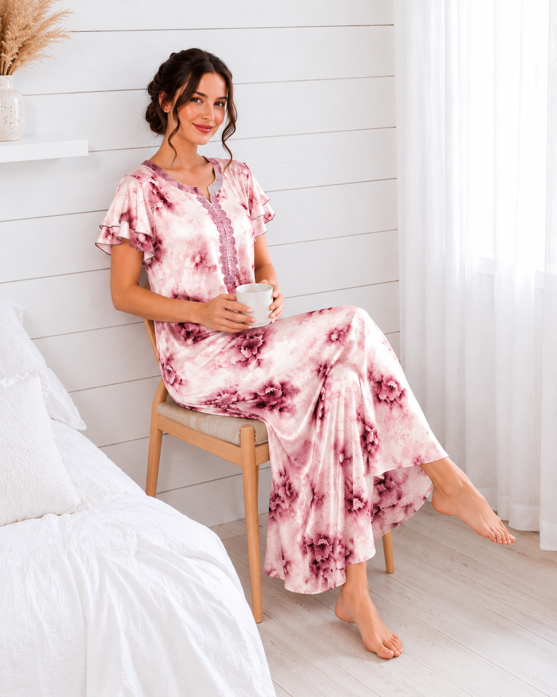 Belavastra Premium Glossy Satin Nighty - Blush Pink & Heavy Lace Ruffle Maxi