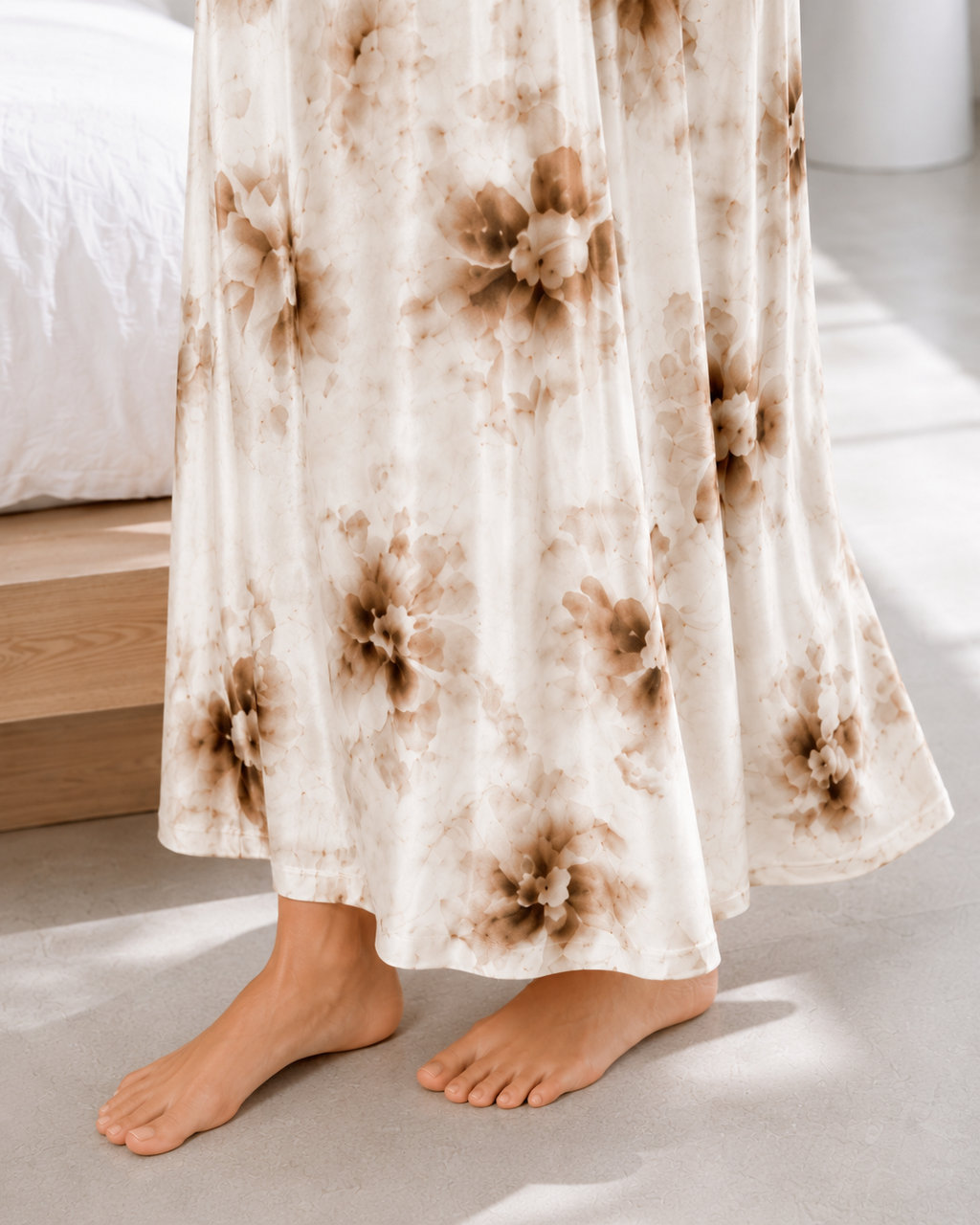 Belavastra Premium Glossy Satin Nighty - Ivory Cream & Mocha Lace Ruffle Maxi