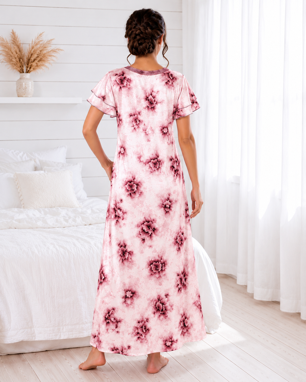 Belavastra Premium Glossy Satin Nighty - Blush Pink & Heavy Lace Ruffle Maxi