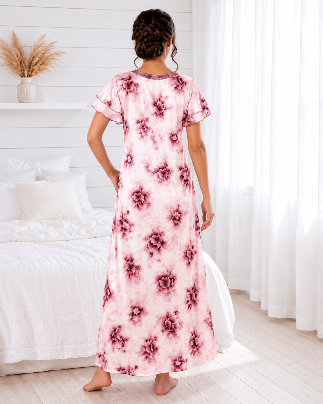 Belavastra Premium Glossy Satin Nighty - Blush Pink & Heavy Lace Ruffle Maxi