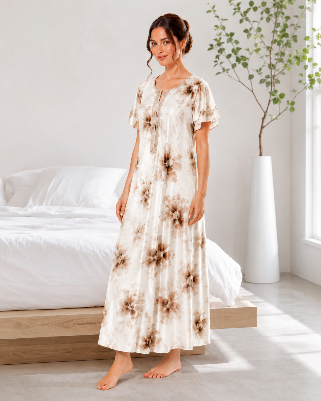 Belavastra Premium Glossy Satin Nighty - Ivory Cream & Mocha Lace Ruffle Maxi