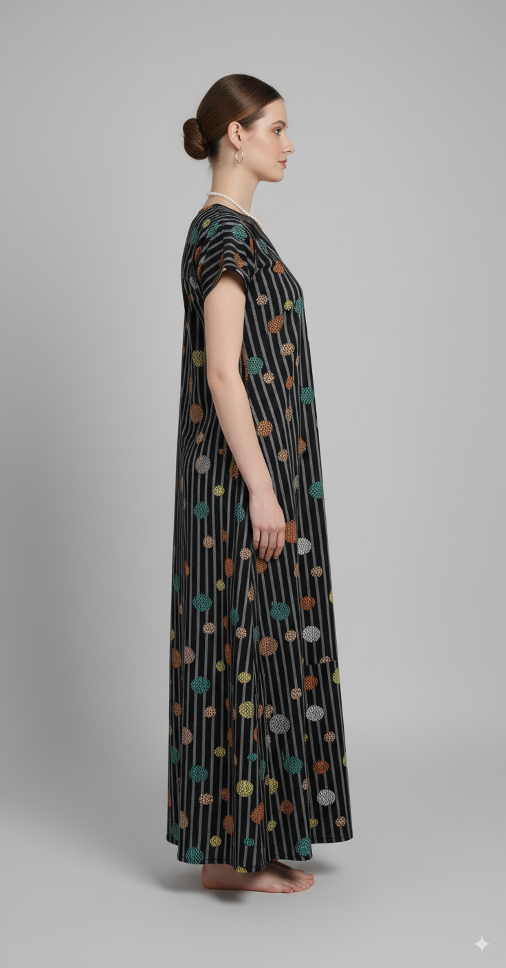 Black With Grey Stripes And Multicolor Polka Dots (Teal, Yellow, Orange, White) Hosiery Print Nighty For Women