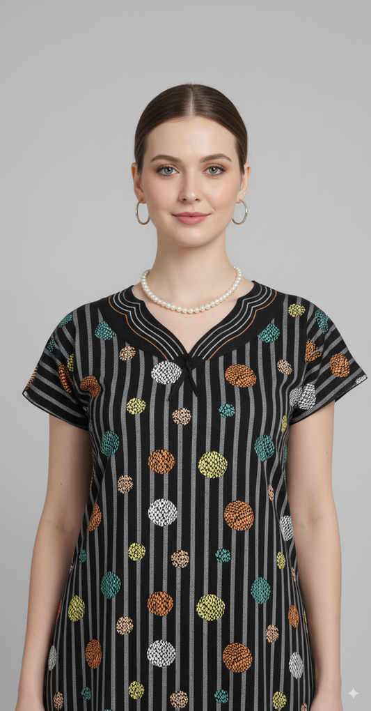 Black With Grey Stripes And Multicolor Polka Dots (Teal, Yellow, Orange, White) Hosiery Print Nighty For Women