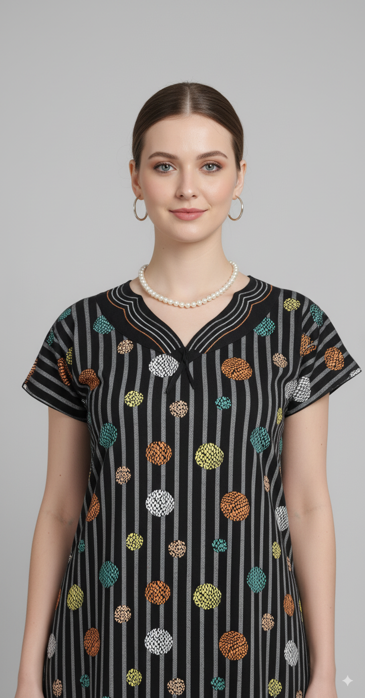 Black With Grey Stripes And Multicolor Polka Dots (Teal, Yellow, Orange, White) Hosiery Print Nighty For Women