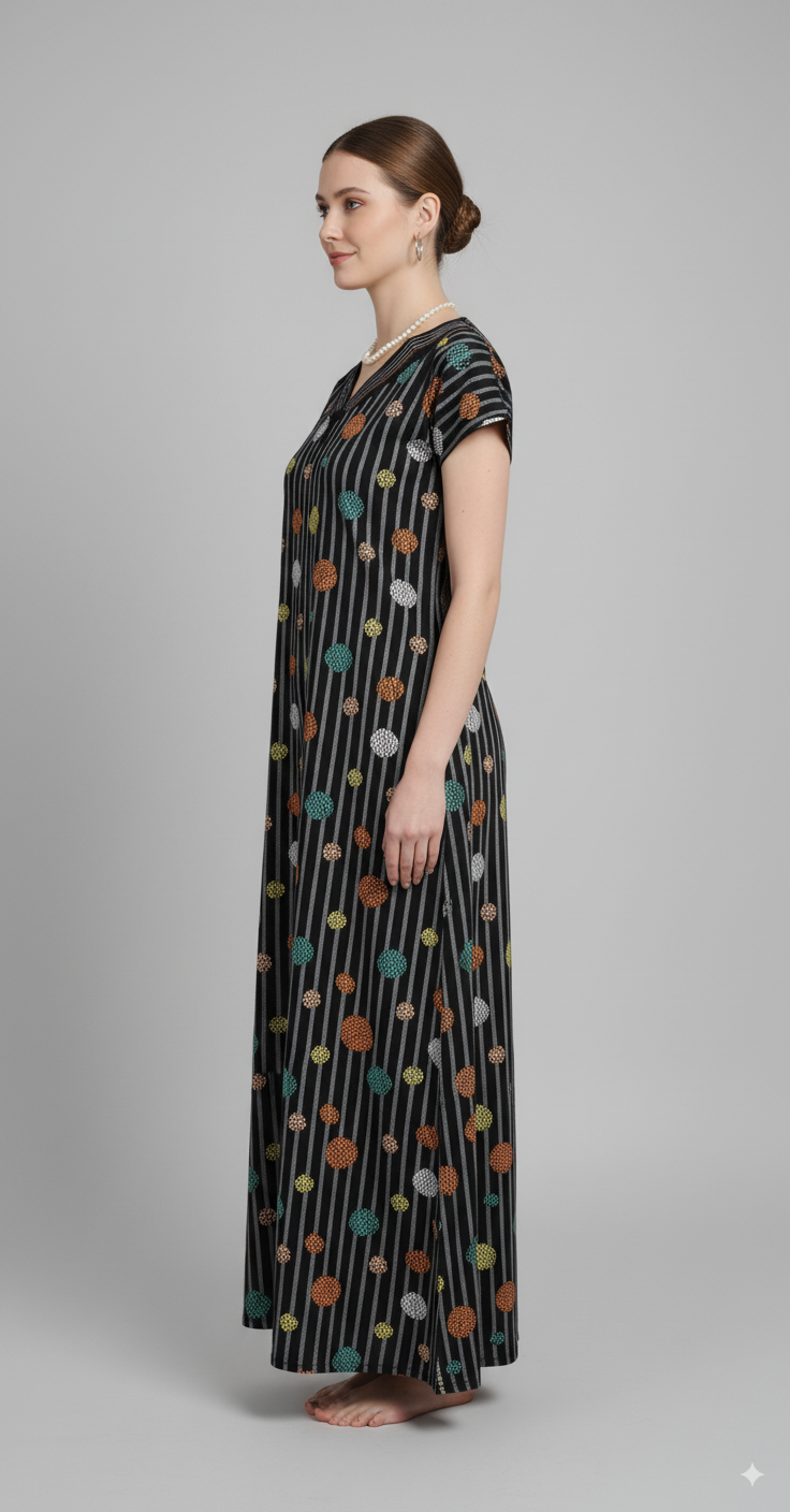 Black With Grey Stripes And Multicolor Polka Dots (Teal, Yellow, Orange, White) Hosiery Print Nighty For Women