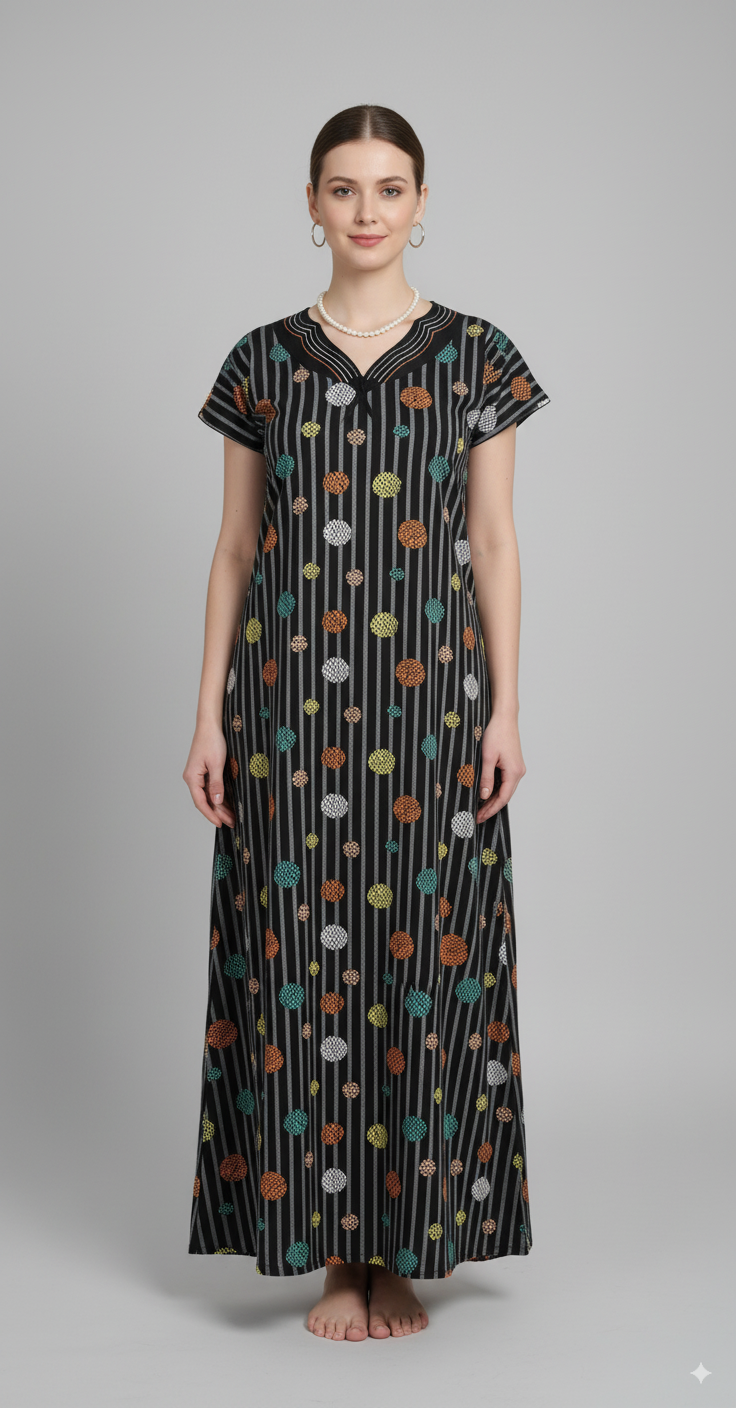 Black With Grey Stripes And Multicolor Polka Dots (Teal, Yellow, Orange, White) Hosiery Print Nighty For Women