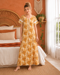 Belavastra Premium Cotton Nighty - Mustard Yellow Retro Geometric Floral Maxi