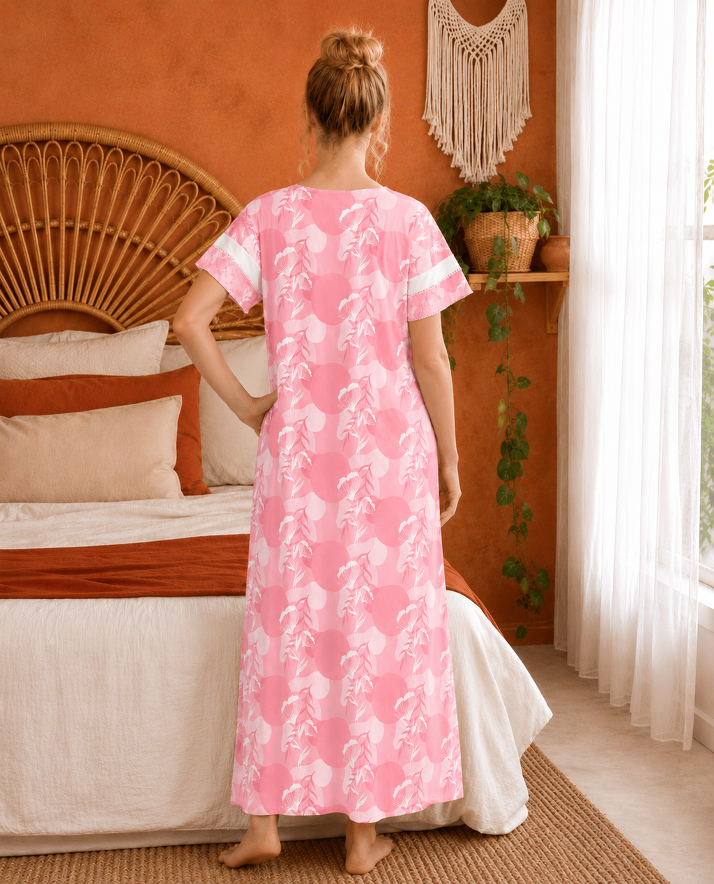 Belavastra Premium Cotton Nighty - Bubblegum Pink Retro Geometric Floral Maxi