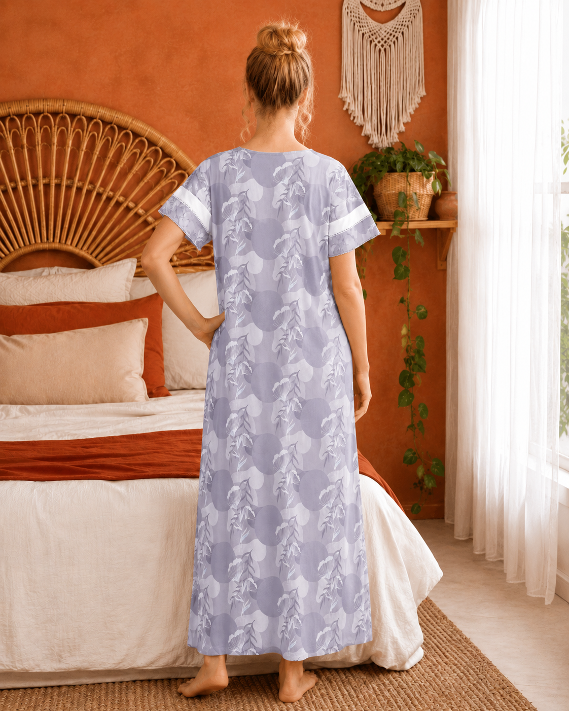 Belavastra Premium Cotton Nighty - Lavender Purple Retro Geometric Floral Maxi