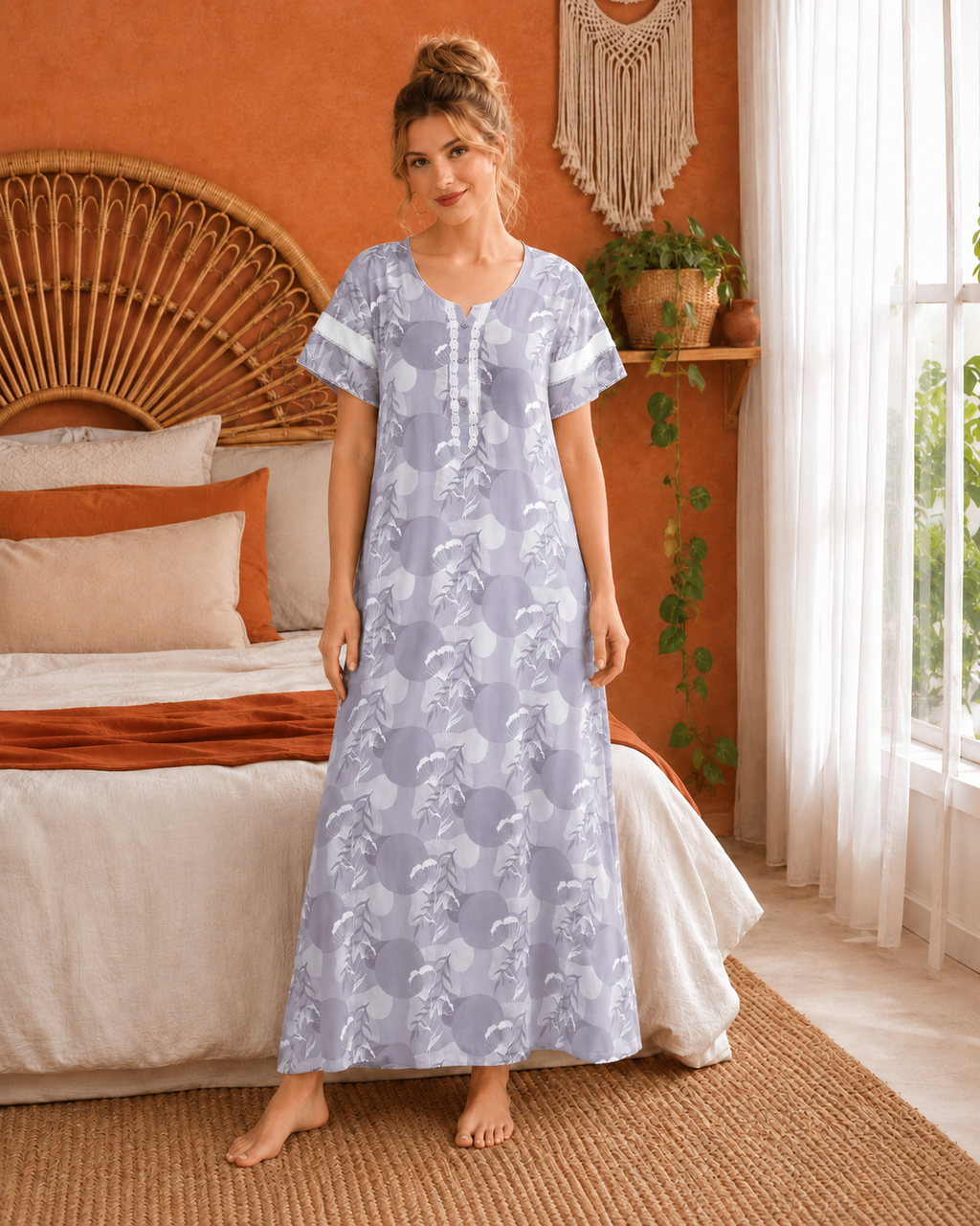 Belavastra Premium Cotton Nighty - Lavender Purple Retro Geometric Floral Maxi
