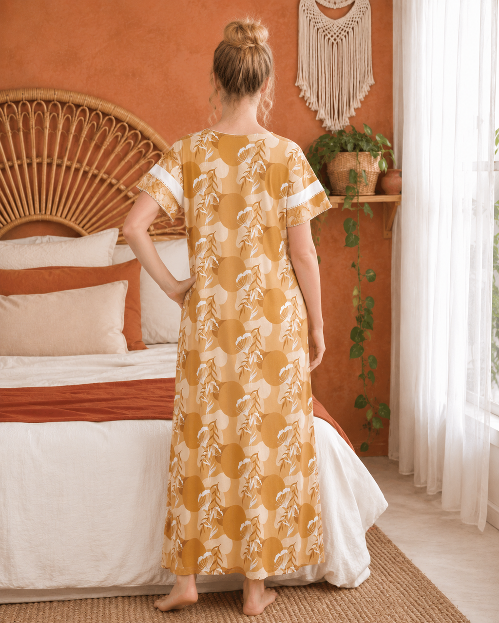 Belavastra Premium Cotton Nighty - Mustard Yellow Retro Geometric Floral Maxi