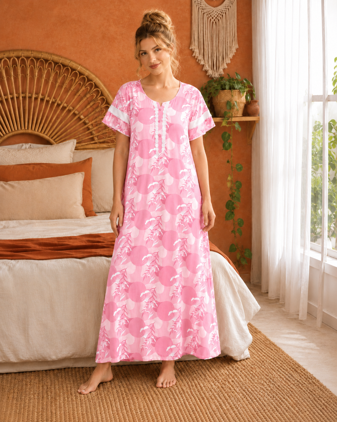Belavastra Premium Cotton Nighty - Bubblegum Pink Retro Geometric Floral Maxi