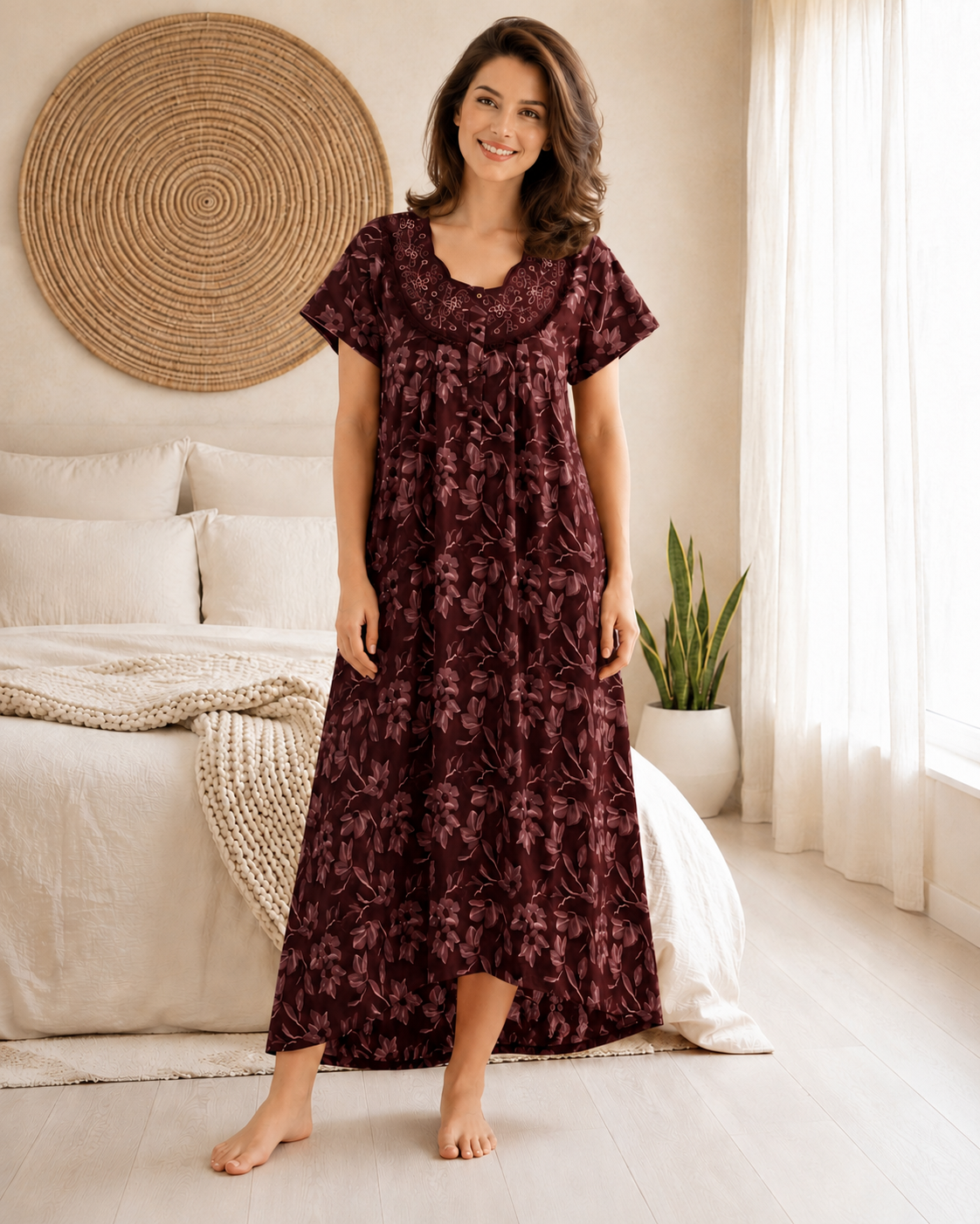 Belavastra Premium Cotton Front Open Nighty - Chocolate Maroon Embroidered Floral Maxi
