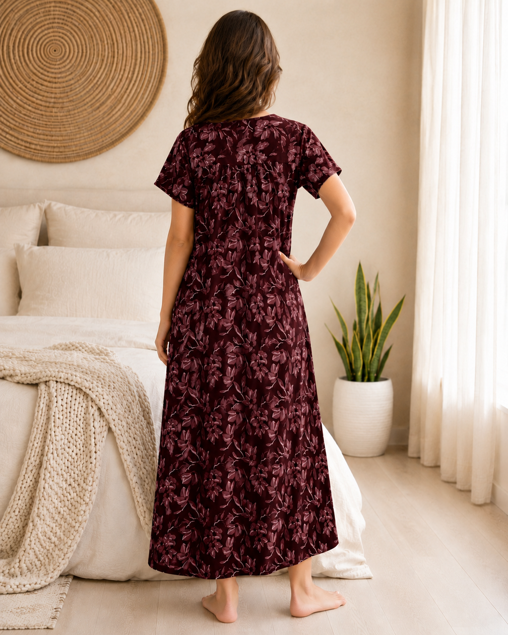 Belavastra Premium Cotton Front Open Nighty - Chocolate Maroon Embroidered Floral Maxi